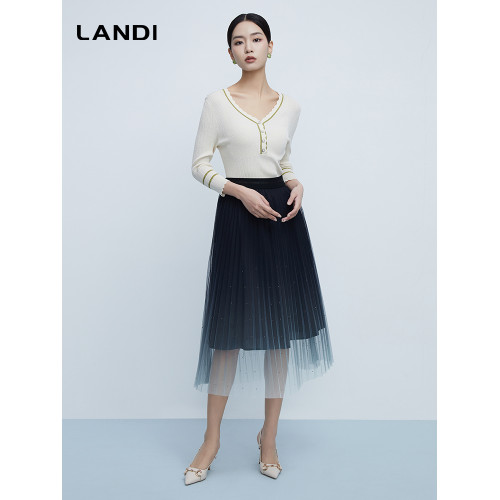 LANDI米色波浪V領撞色針織衫女春季新品七分袖修身打底衫上衣