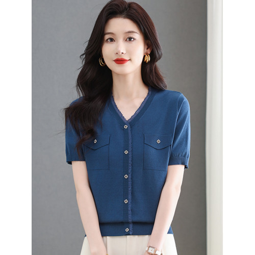 2025新款夏季短袖針織衫女裝V領上衣小香風蕾絲花邊冰絲打底上衣