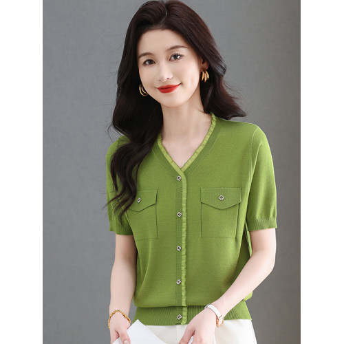 2025新款夏季短袖針織衫女裝V領上衣小香風蕾絲花邊冰絲打底上衣