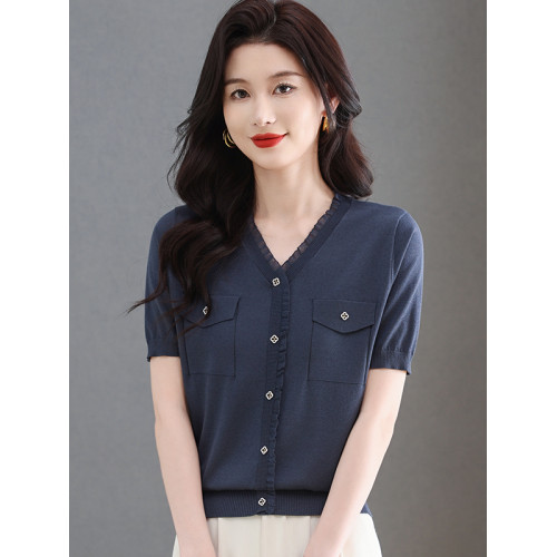 2025新款夏季短袖針織衫女裝V領上衣小香風蕾絲花邊冰絲打底上衣