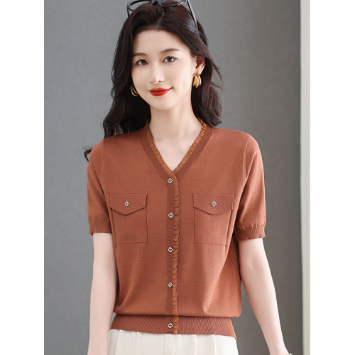 2025新款夏季短袖針織衫女裝V領上衣小香風蕾絲花邊冰絲打底上衣