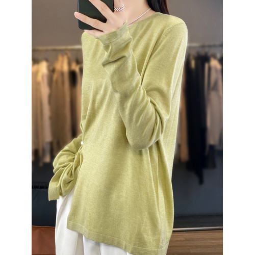 洋氣精紡全羊毛衫女開叉軟糯2025春季新款針織打底衫圓領套頭小衫