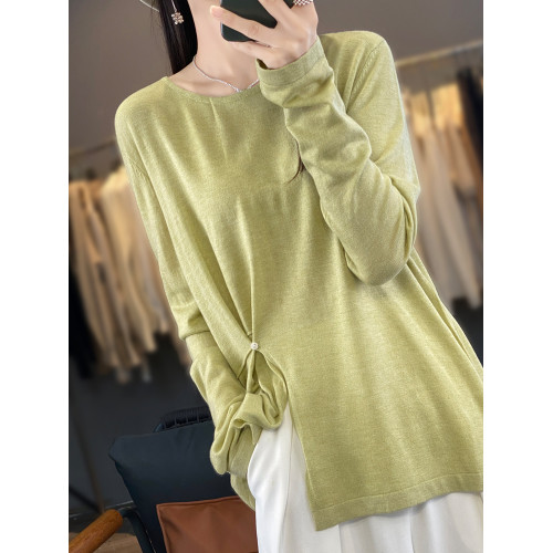 洋氣精紡全羊毛衫女開叉軟糯2025春季新款針織打底衫圓領套頭小衫