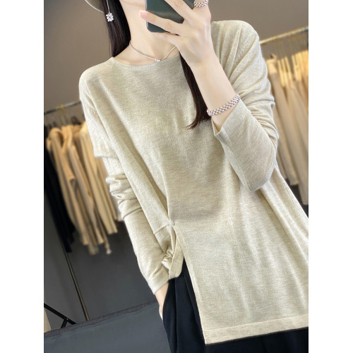 洋氣精紡全羊毛衫女開叉軟糯2025春季新款針織打底衫圓領套頭小衫