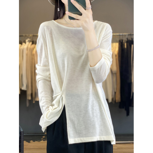 洋氣精紡全羊毛衫女開叉軟糯2025春季新款針織打底衫圓領套頭小衫