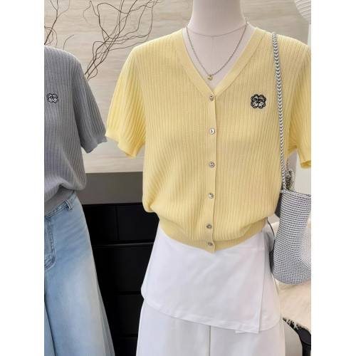 大碼通勤v領針織衫夏季新款寬松顯瘦刺綉短袖打底衫韓系女裝上衣