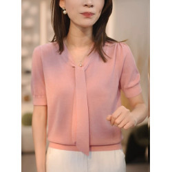 2025夏季新款女裝粉色V領短袖毛針織衫女寬松套頭打底衫時尚洋氣