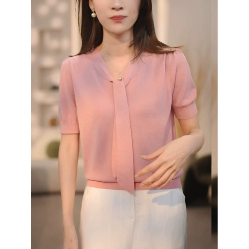 2025夏季新款女裝粉色V領短袖毛針織衫女寬松套頭打底衫時尚洋氣