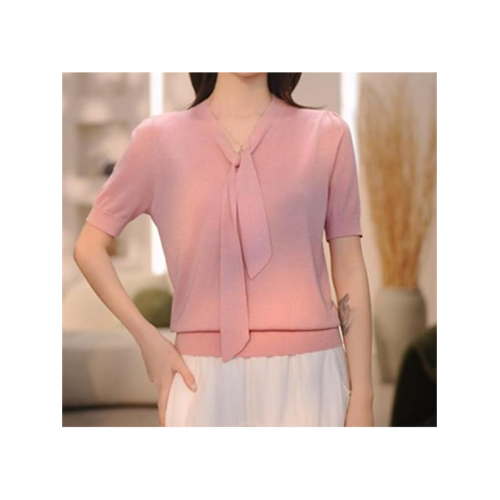 2025夏季新款女裝粉色V領短袖毛針織衫女寬松套頭打底衫時尚洋氣