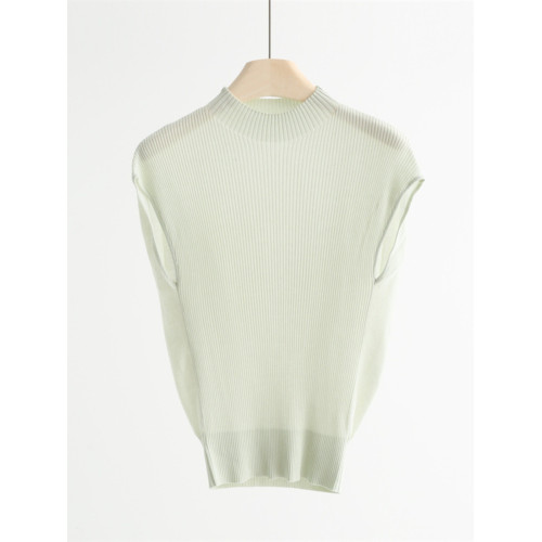 天絲+桑蠶絲半高領針織衫女夏季新款無袖修身顯瘦打底衫內搭上衣