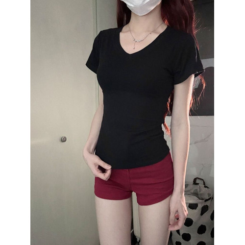 喵古三三 純欲辣妹顯瘦正肩V領短袖T女夏修身收腰百搭短袖打底衫