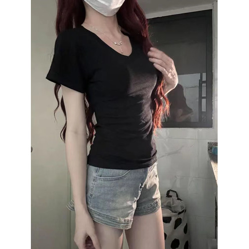喵古三三 純欲辣妹顯瘦正肩V領短袖T女夏修身收腰百搭短袖打底衫