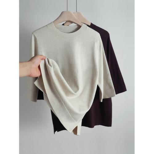 圓領五分袖打底衫女秋季新款中袖內搭針織衫洋氣寬松大碼百搭上衣