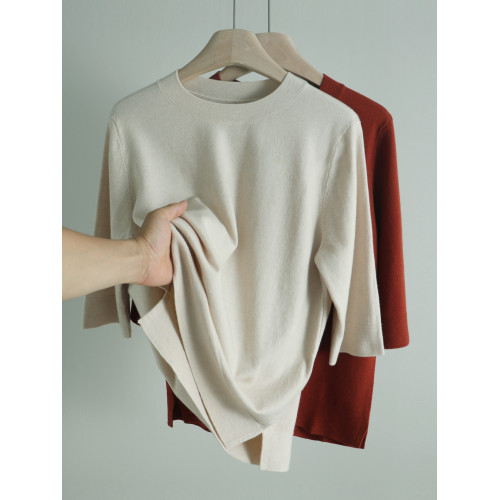 圓領五分袖打底衫女秋季新款中袖內搭針織衫洋氣寬松大碼百搭上衣