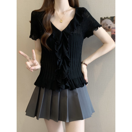 胖mm設計感顯瘦v領木耳邊短袖正肩上衣女夏季洋氣減齡百搭打底衫