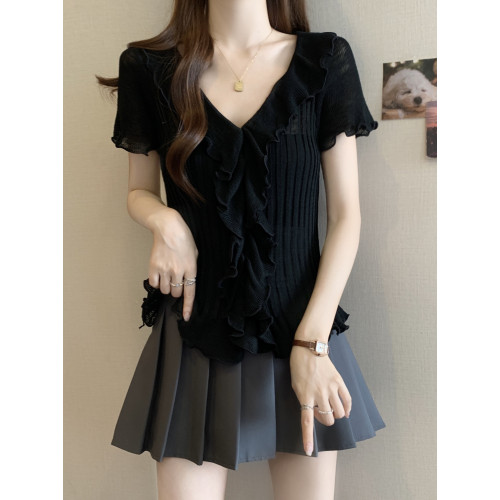 胖mm設計感顯瘦v領木耳邊短袖正肩上衣女夏季洋氣減齡百搭打底衫