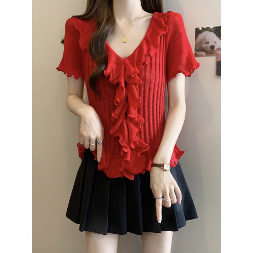 胖mm設計感顯瘦v領木耳邊短袖正肩上衣女夏季洋氣減齡百搭打底衫