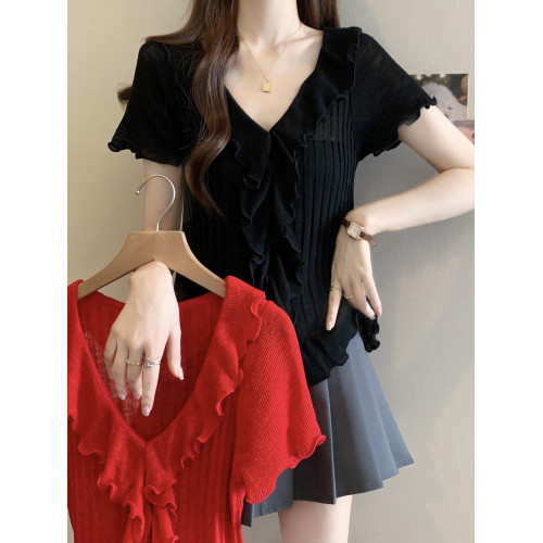 胖mm設計感顯瘦v領木耳邊短袖正肩上衣女夏季洋氣減齡百搭打底衫