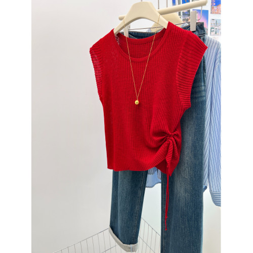 夏季新款高級感圓領薄款短袖冰絲針織衫女氣質修身顯瘦打底衫上衣