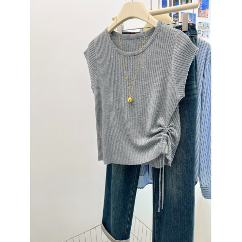 夏季新款高級感圓領薄款短袖冰絲針織衫女氣質修身顯瘦打底衫上衣