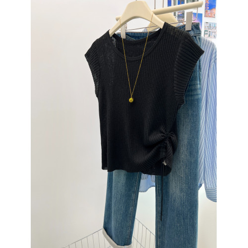 夏季新款高級感圓領薄款短袖冰絲針織衫女氣質修身顯瘦打底衫上衣