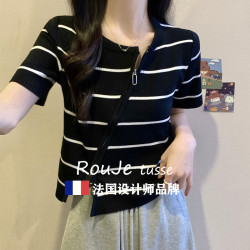 Rouje tusse大碼不規則斜領短袖針織衫女夏季顯瘦短款拉鍊打底衫