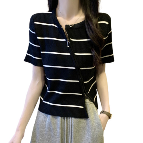 Rouje tusse大碼不規則斜領短袖針織衫女夏季顯瘦短款拉鍊打底衫