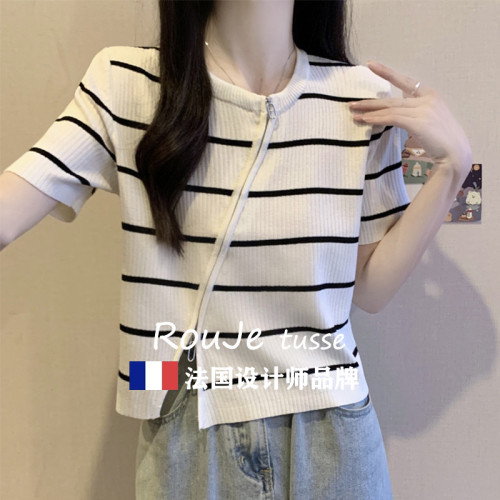 Rouje tusse大碼不規則斜領短袖針織衫女夏季顯瘦短款拉鍊打底衫