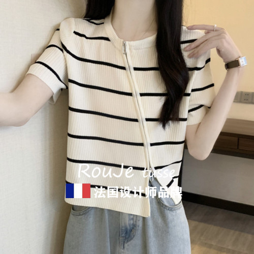 Rouje tusse大碼不規則斜領短袖針織衫女夏季顯瘦短款拉鍊打底衫