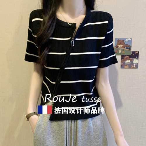 Rouje tusse大碼不規則斜領短袖針織衫女夏季顯瘦短款拉鍊打底衫