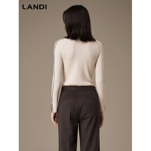 LANDI藍地100羊毛米色高領修身套頭針織衫女親膚打底衫上衣冬新品