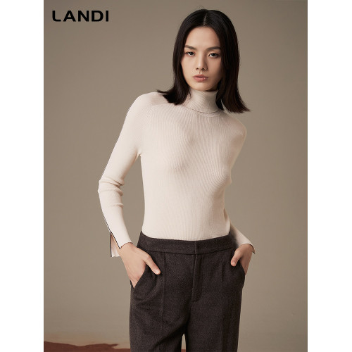 LANDI藍地100羊毛米色高領修身套頭針織衫女親膚打底衫上衣冬新品
