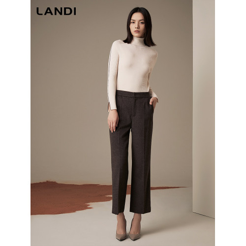 LANDI藍地100羊毛米色高領修身套頭針織衫女親膚打底衫上衣冬新品