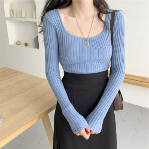 春秋大方領顯胸漏鎖骨針織衫女泫雅風修身坑條氣質毛衣圓領打底衫