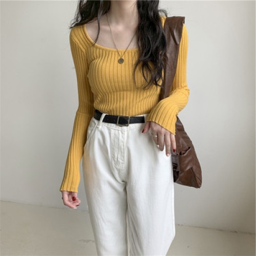 春秋大方領顯胸漏鎖骨針織衫女泫雅風修身坑條氣質毛衣圓領打底衫