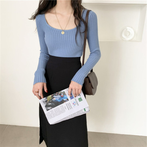 春秋大方領顯胸漏鎖骨針織衫女泫雅風修身坑條氣質毛衣圓領打底衫