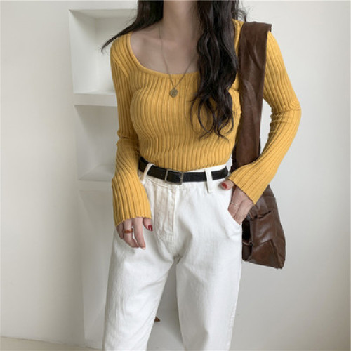 春秋大方領顯胸漏鎖骨針織衫女泫雅風修身坑條氣質毛衣圓領打底衫