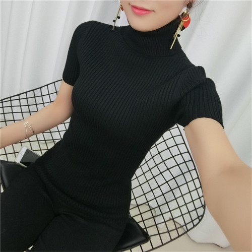 半袖針織衫女2024秋冬新款套頭高領短袖毛衣翻領打底衫修身顯瘦潮