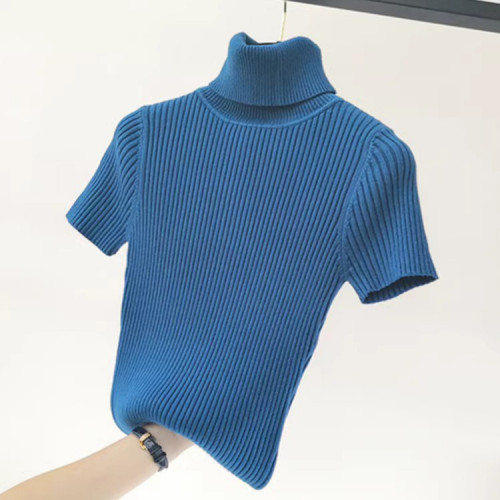 半袖針織衫女2024秋冬新款套頭高領短袖毛衣翻領打底衫修身顯瘦潮