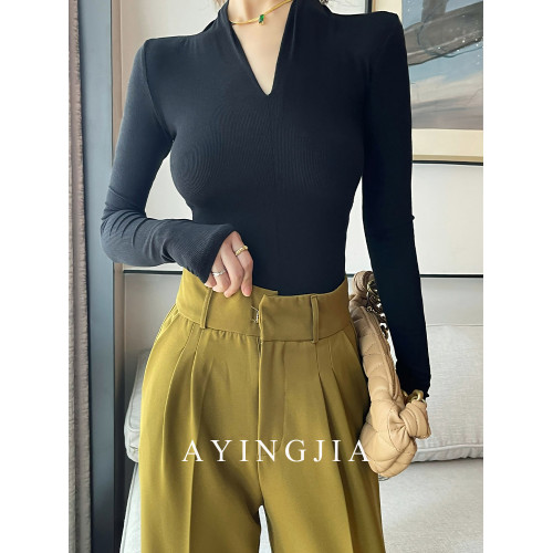 AYINGJIA V領高級感打底衫女內搭春秋季設計感氣質顯瘦針織衫上衣