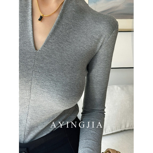 AYINGJIA V領高級感打底衫女內搭春秋季設計感氣質顯瘦針織衫上衣
