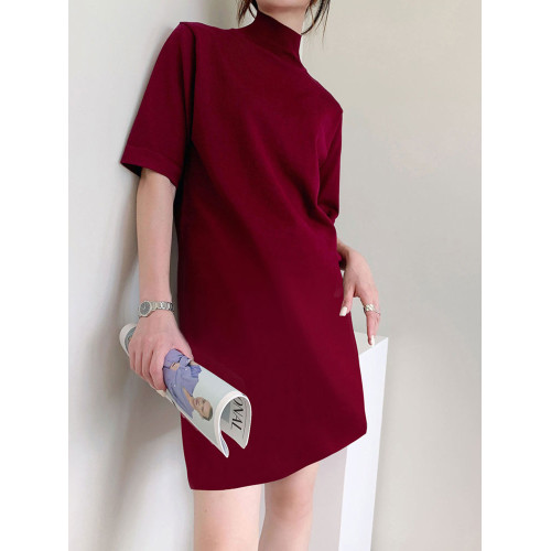 秋冬中長款半高領五分袖針織打底衫連衣裙純色直筒寬松顯瘦女上衣