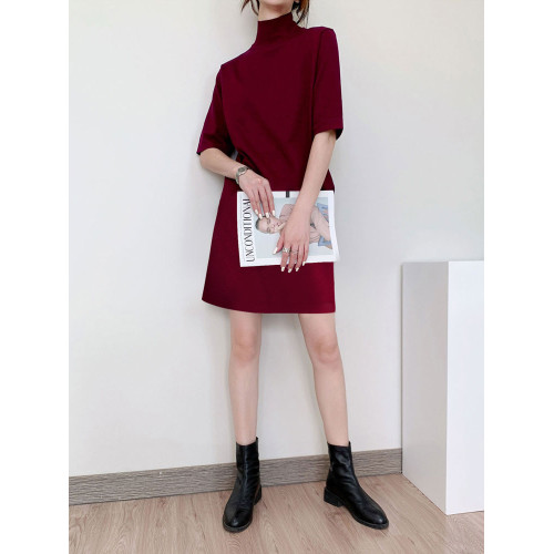 秋冬中長款半高領五分袖針織打底衫連衣裙純色直筒寬松顯瘦女上衣