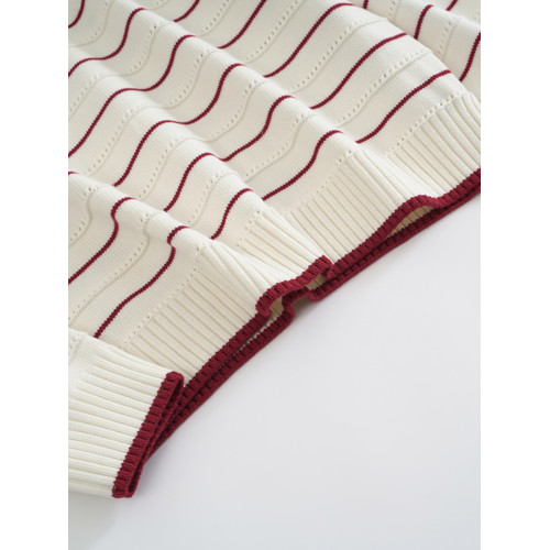 全棉100% 紅白條紋毛衣女套頭圓領秋冬長袖針織打底衫粗線 寬松版