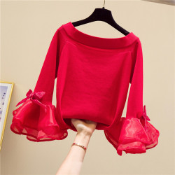 一字肩開肩紅色喇叭袖毛衣上衣網紅打底衫內搭洋氣套頭針織衫百搭