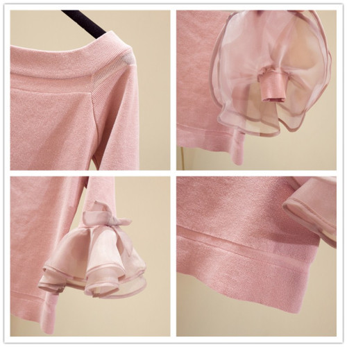 一字肩開肩紅色喇叭袖毛衣上衣網紅打底衫內搭洋氣套頭針織衫百搭