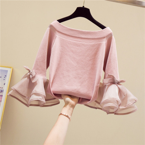 一字肩開肩紅色喇叭袖毛衣上衣網紅打底衫內搭洋氣套頭針織衫百搭