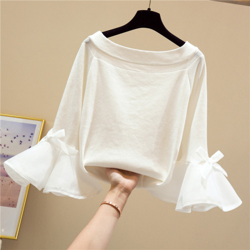 一字肩開肩紅色喇叭袖毛衣上衣網紅打底衫內搭洋氣套頭針織衫百搭