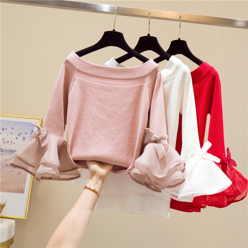 一字肩開肩紅色喇叭袖毛衣上衣網紅打底衫內搭洋氣套頭針織衫百搭