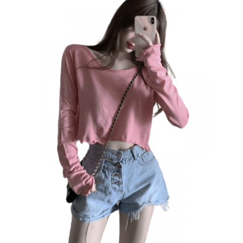 G2025新款秋季女裝薄防曬打底衫長袖木耳邊短款寬松毛針織衫上衣